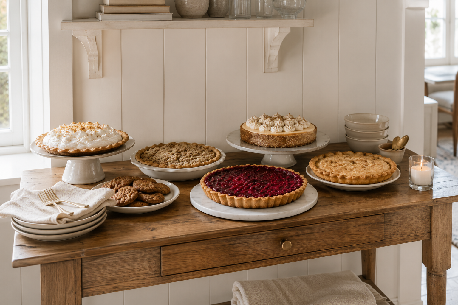 Thanksgiving dessert table in a bright sunroom-style space with one deliberate saturated color accent against a neutral spread