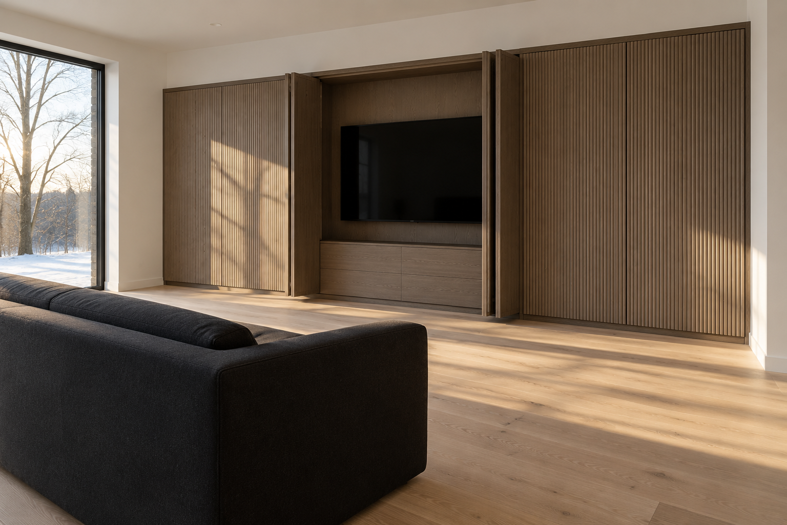 A TV inside a smoked oak media cabinet with reeded bifold doors, seen from behind a black wool sofa.