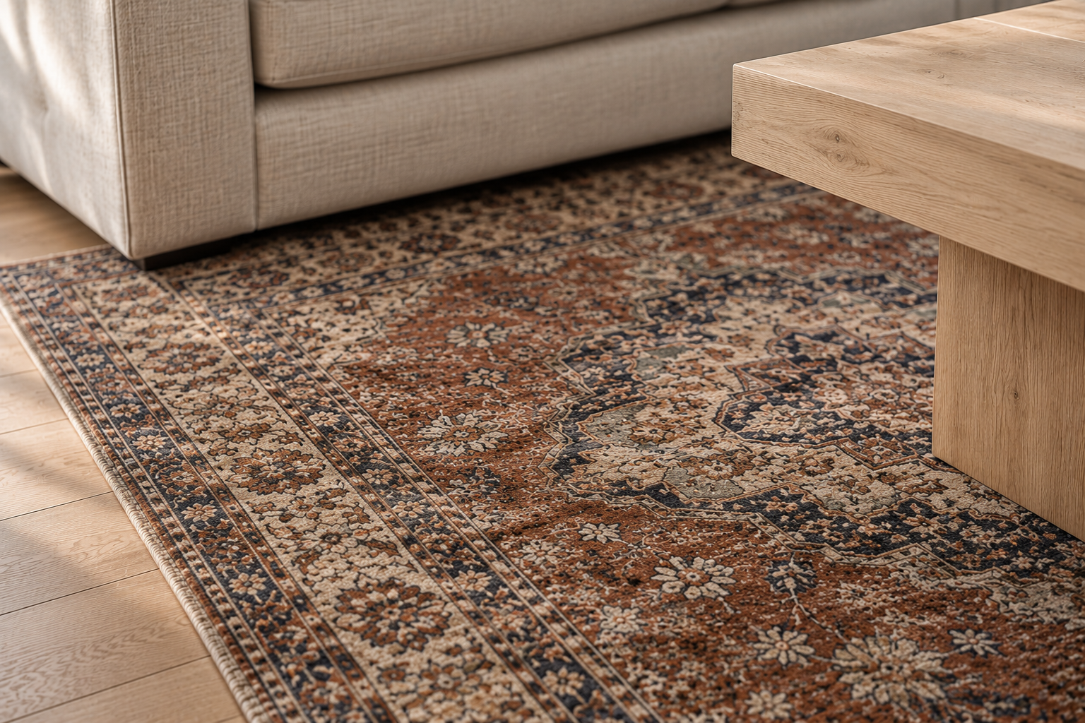 Close-up of a vintage-style patterned rug in muted rust, indigo, and cream, the only pattern in an otherwise plain living room.