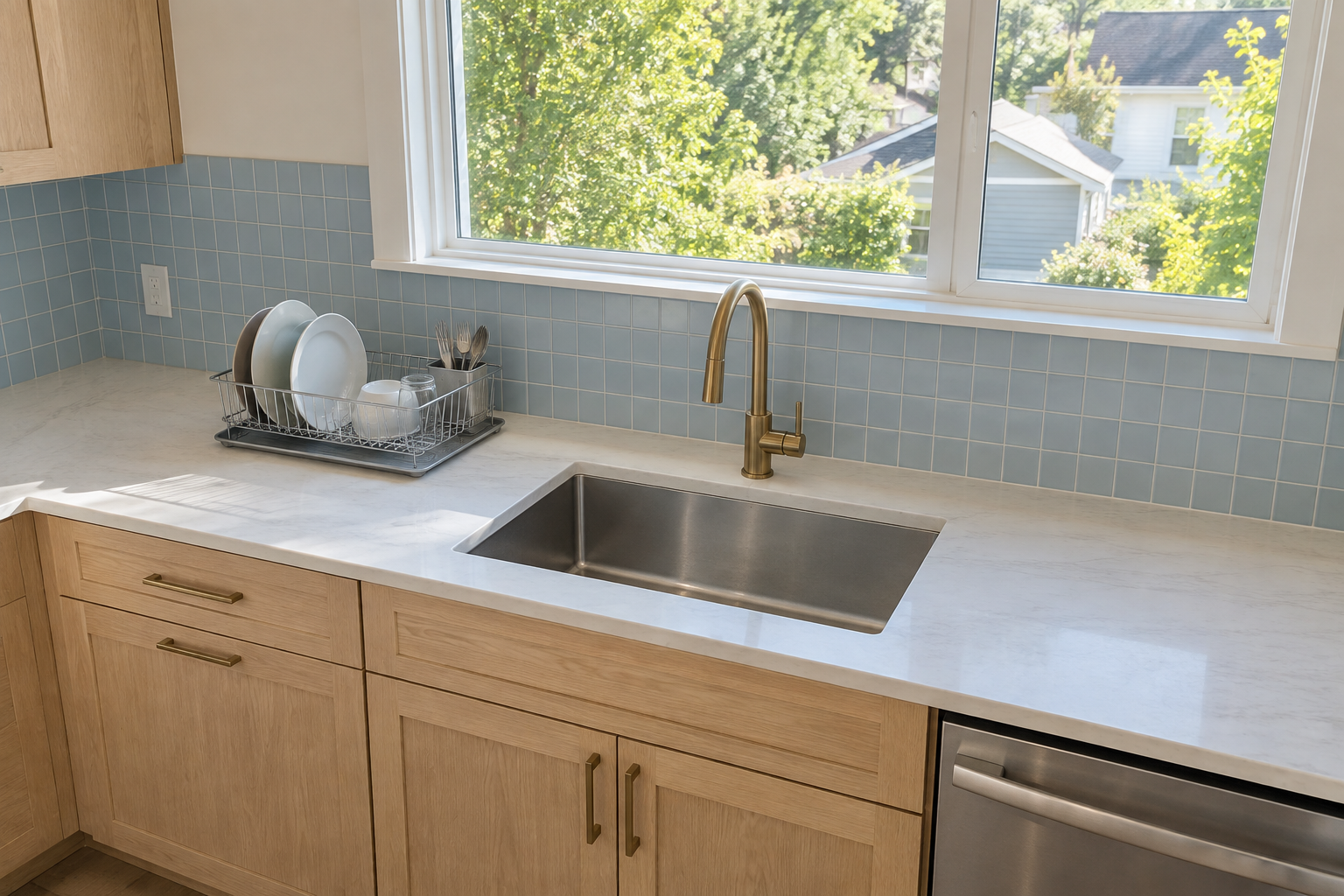 A large window above a kitchen sink, sitting slightly off-center to the sink below it, with soft sky-blue tile and white oak cabinetry.