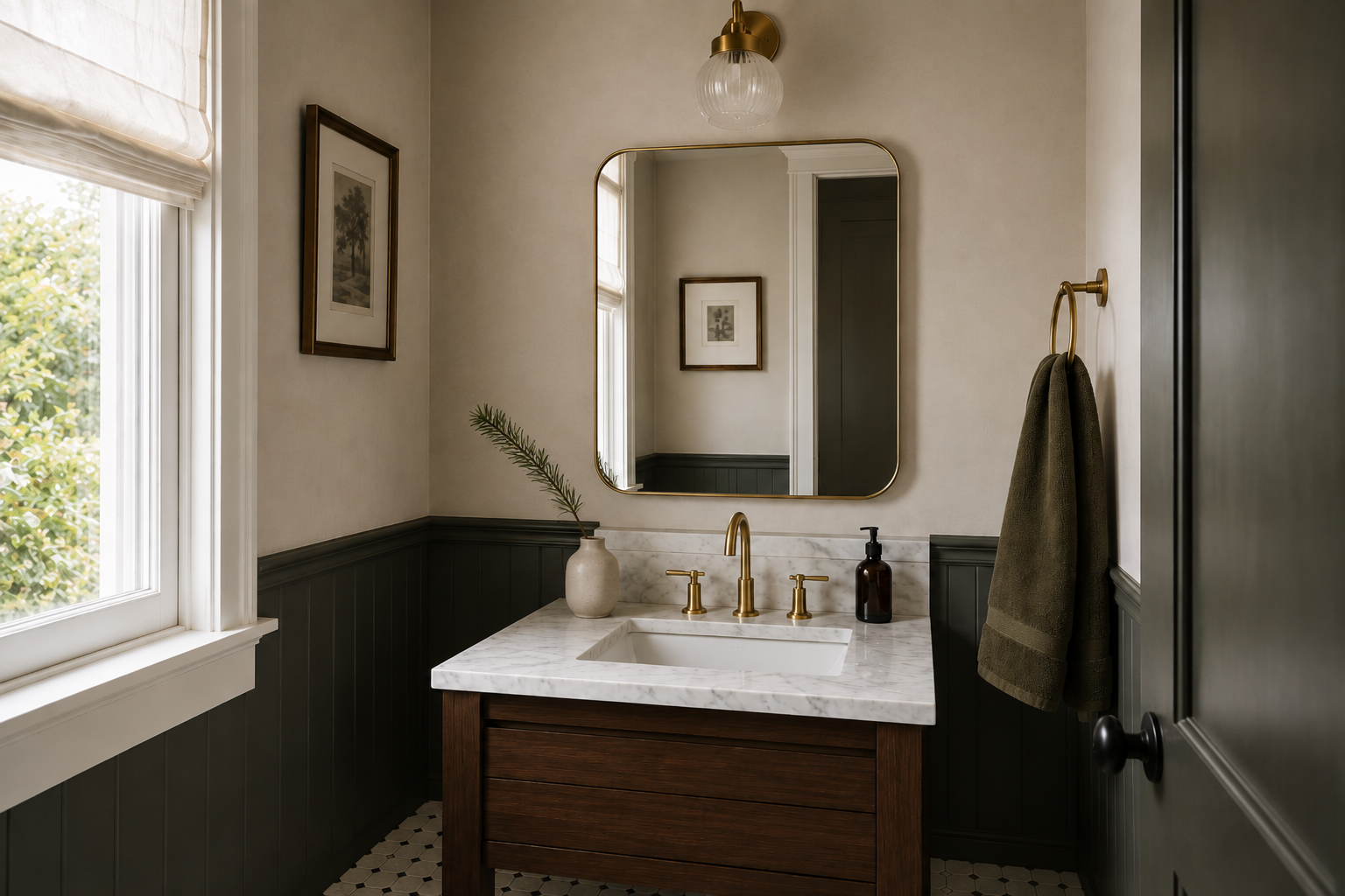 A small bathroom counter styled with one stem of greenery and a muted olive guest towel