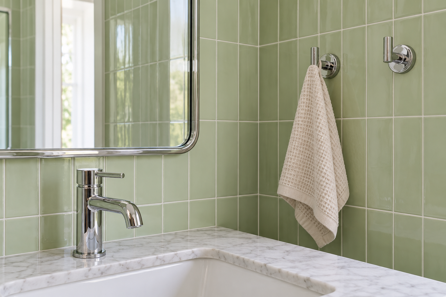 A polished chrome faucet, mirror frame, and robe hooks together against pale green tile.