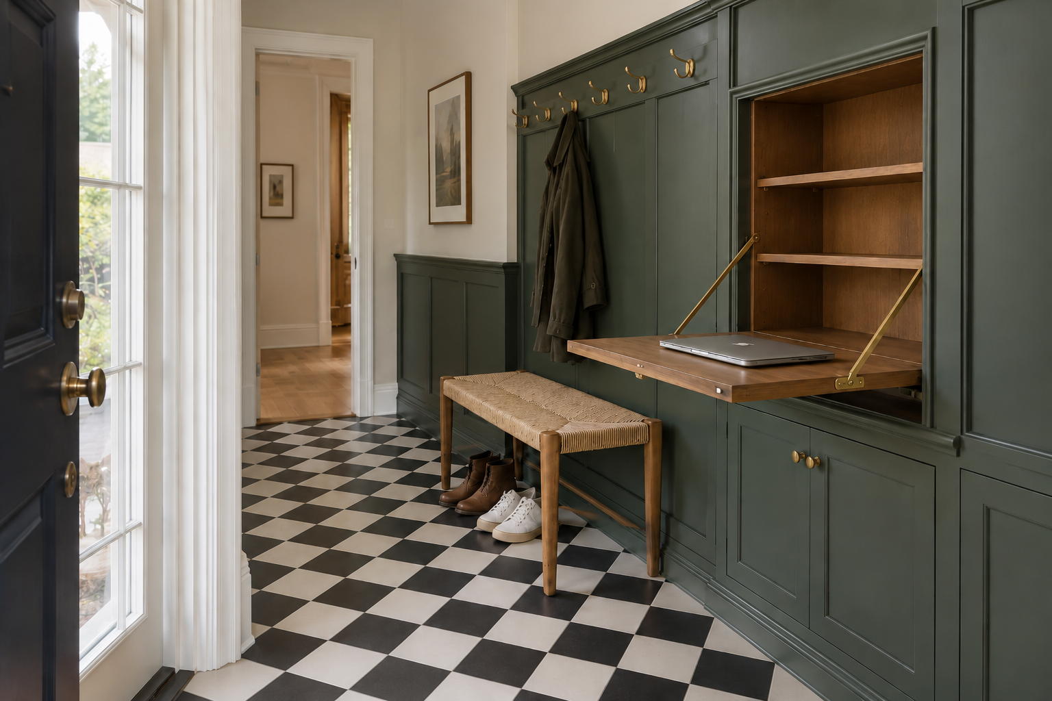 A fold-down desk built into an entryway wall above a black-and-white checkerboard tile floor, with coats and shoes nearby.