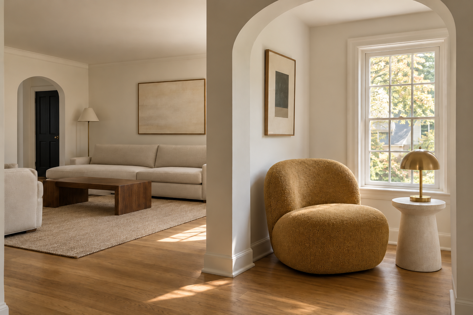 A mustard bouclé accent chair in a corner reading nook, with the living room's main seating visible in the background.