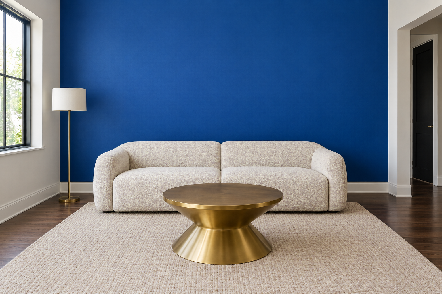 A living room with a bold cobalt-blue accent wall left deliberately bare of any art.