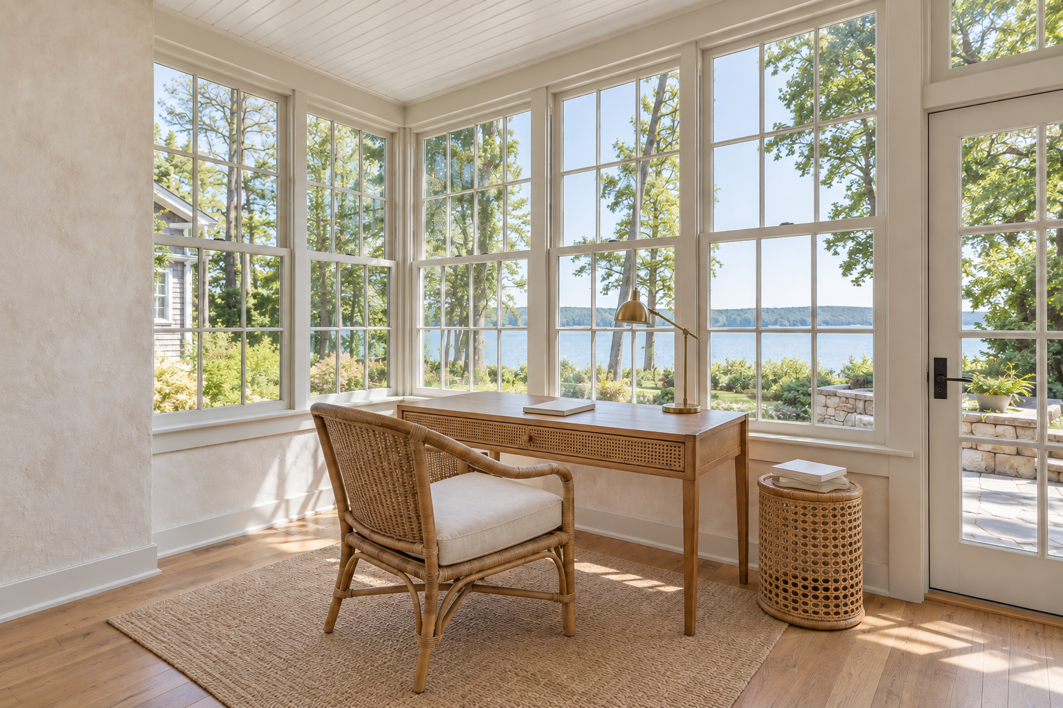A rattan writing desk and chair on a glazed three-season porch, with daylight and an outdoor view visible through windows on two sides.