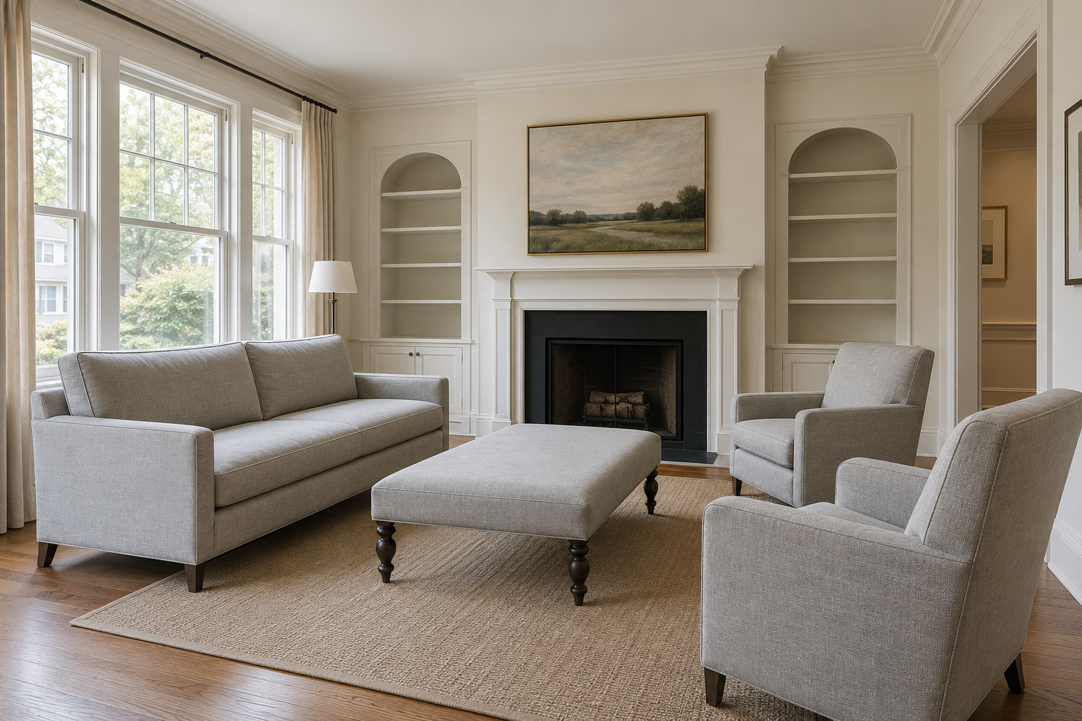 A formal living room with tailored furniture upholstered in a durable performance fabric.