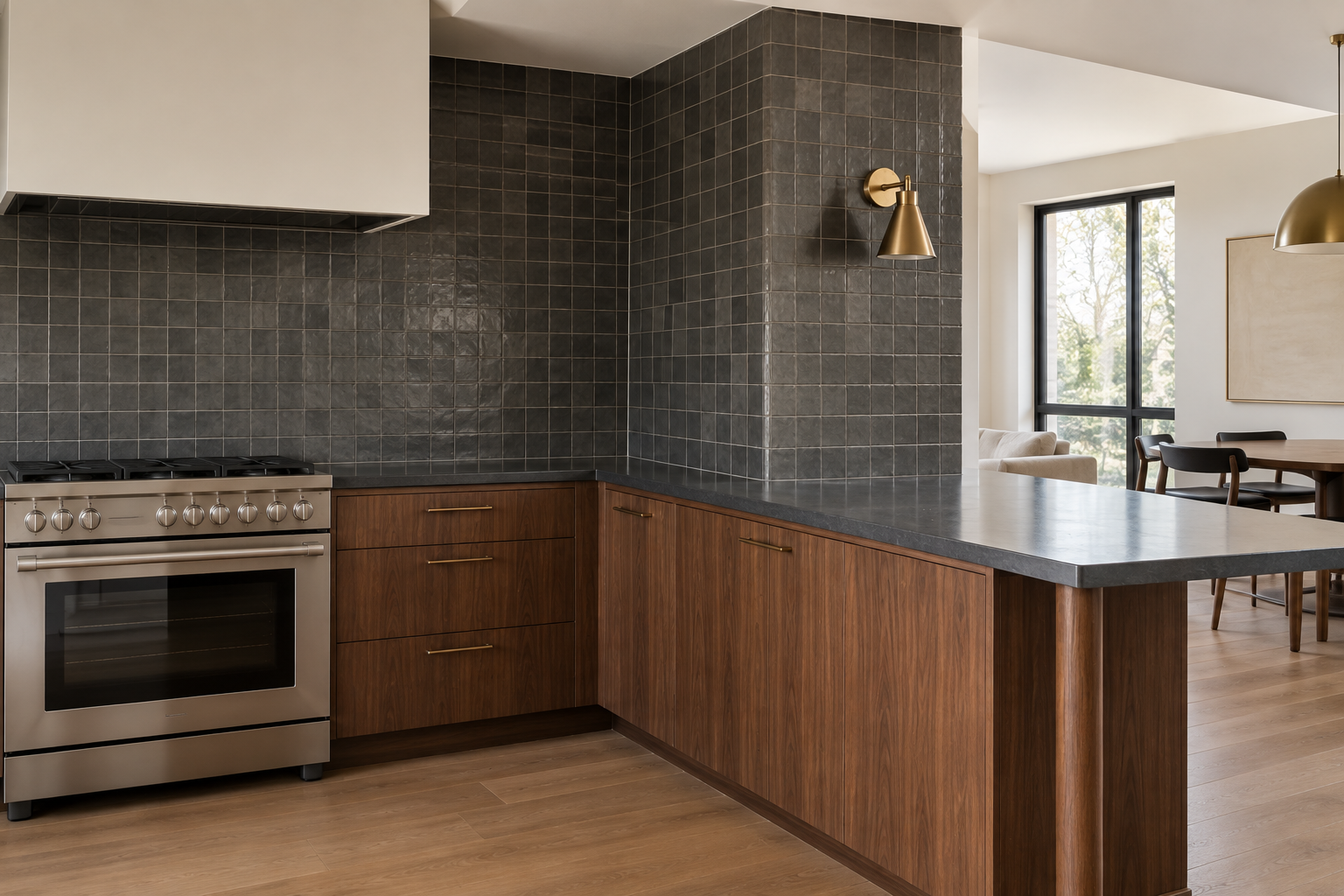 Charcoal graphite tile continuing unbroken around an open kitchen's inside corner onto the adjoining peninsula.