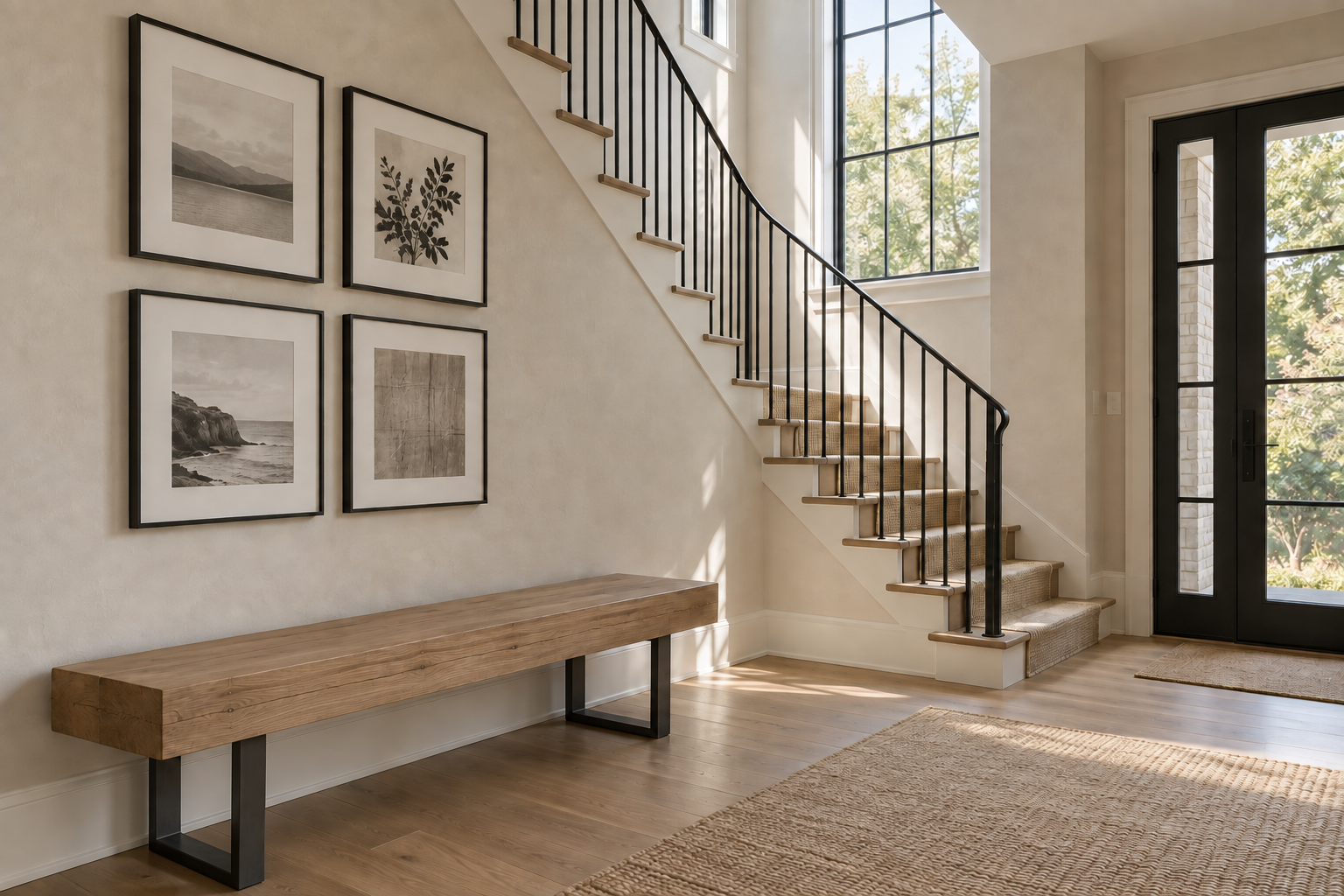 An entryway with a staircase, showing an evenly spaced four-piece black-and-white framed gallery set on a warm plaster wall, beside a wood-and-iron bench.