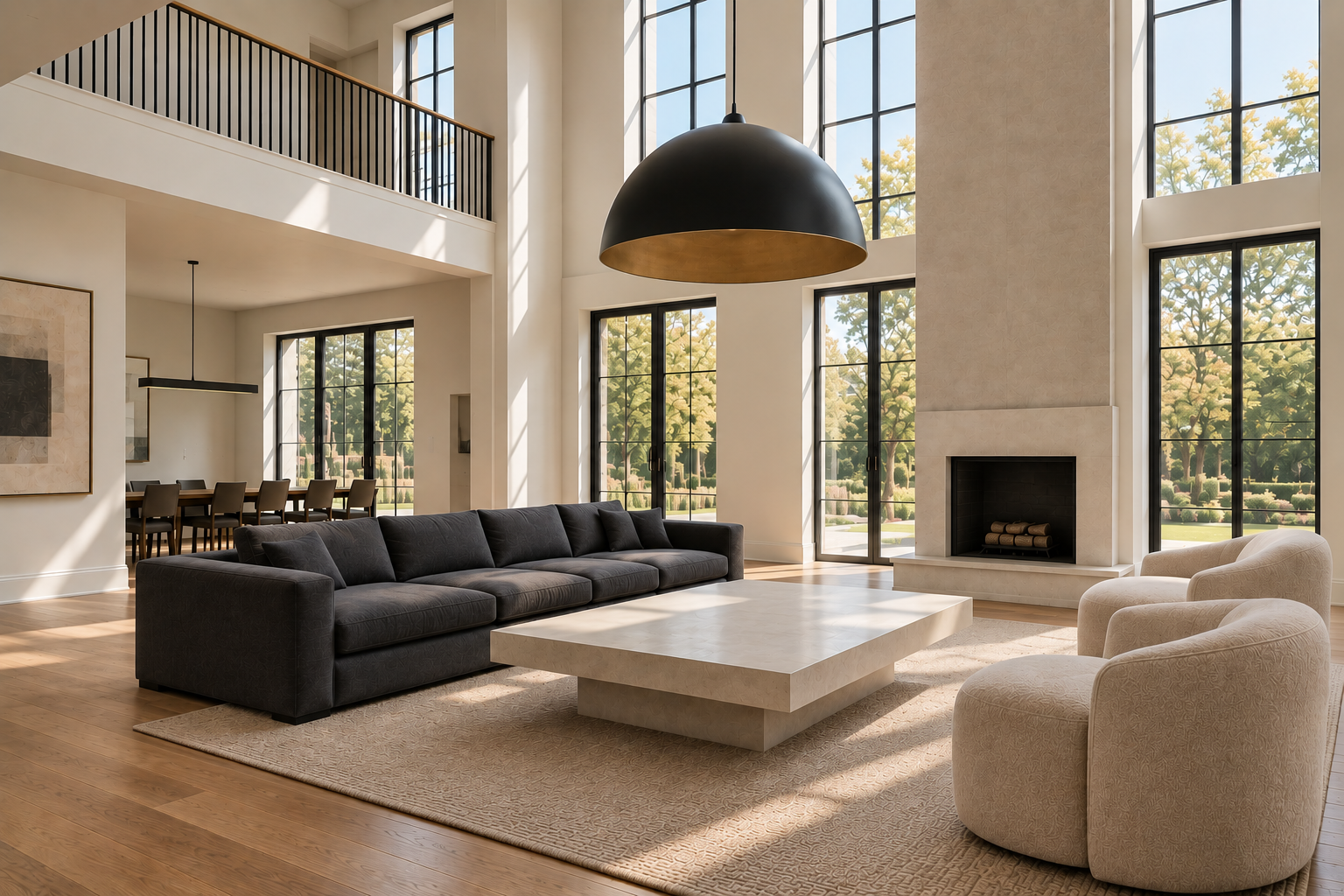 A double-height living room anchored by one oversized sculptural pendant light above a large sofa.
