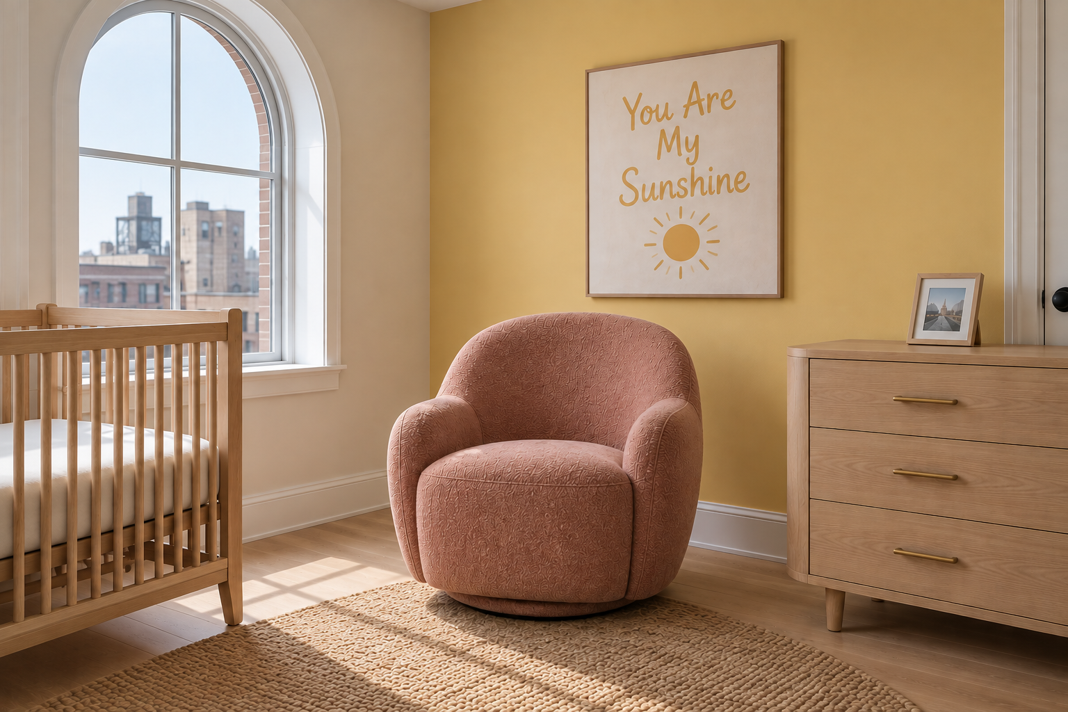 A nursery with a soft butter-yellow accent wall, a quote-style canvas print reading You Are My Sunshine above a curved dusty-rose boucle glider chair.