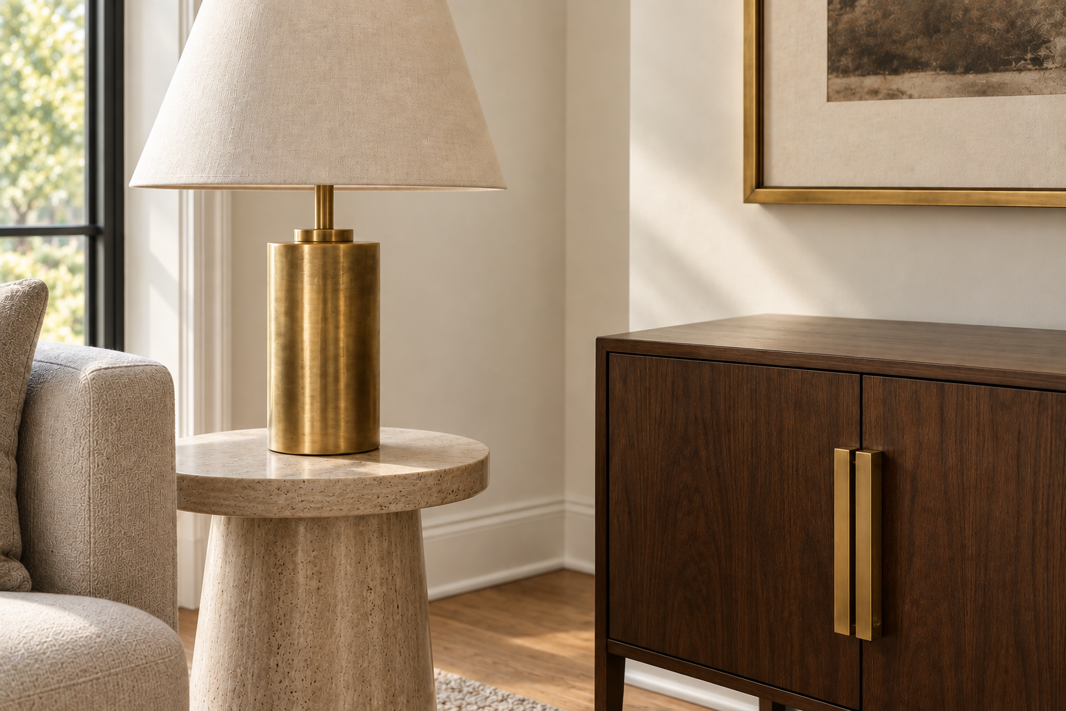 Three objects in a living room, a lamp base, a hardware pull, and a picture frame, sharing the same unlacquered brass finish.