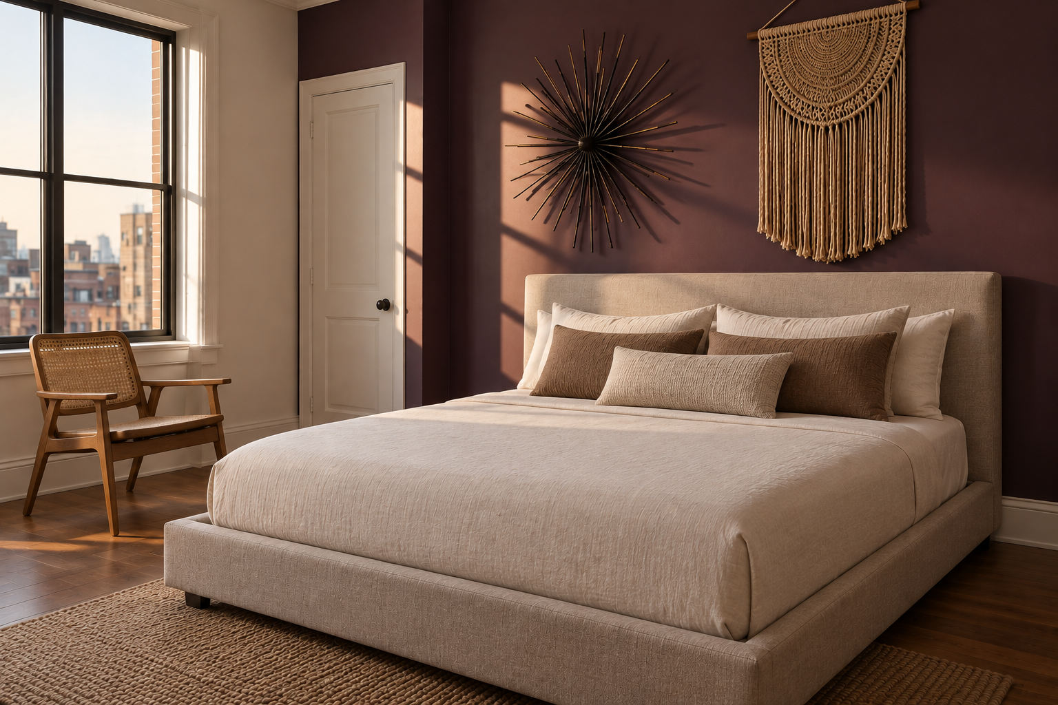 A primary bedroom with a deep aubergine-plum accent wall showing a cut-metal starburst sculpture and a woven macrame hanging, beside a low platform bed with a linen headboard.