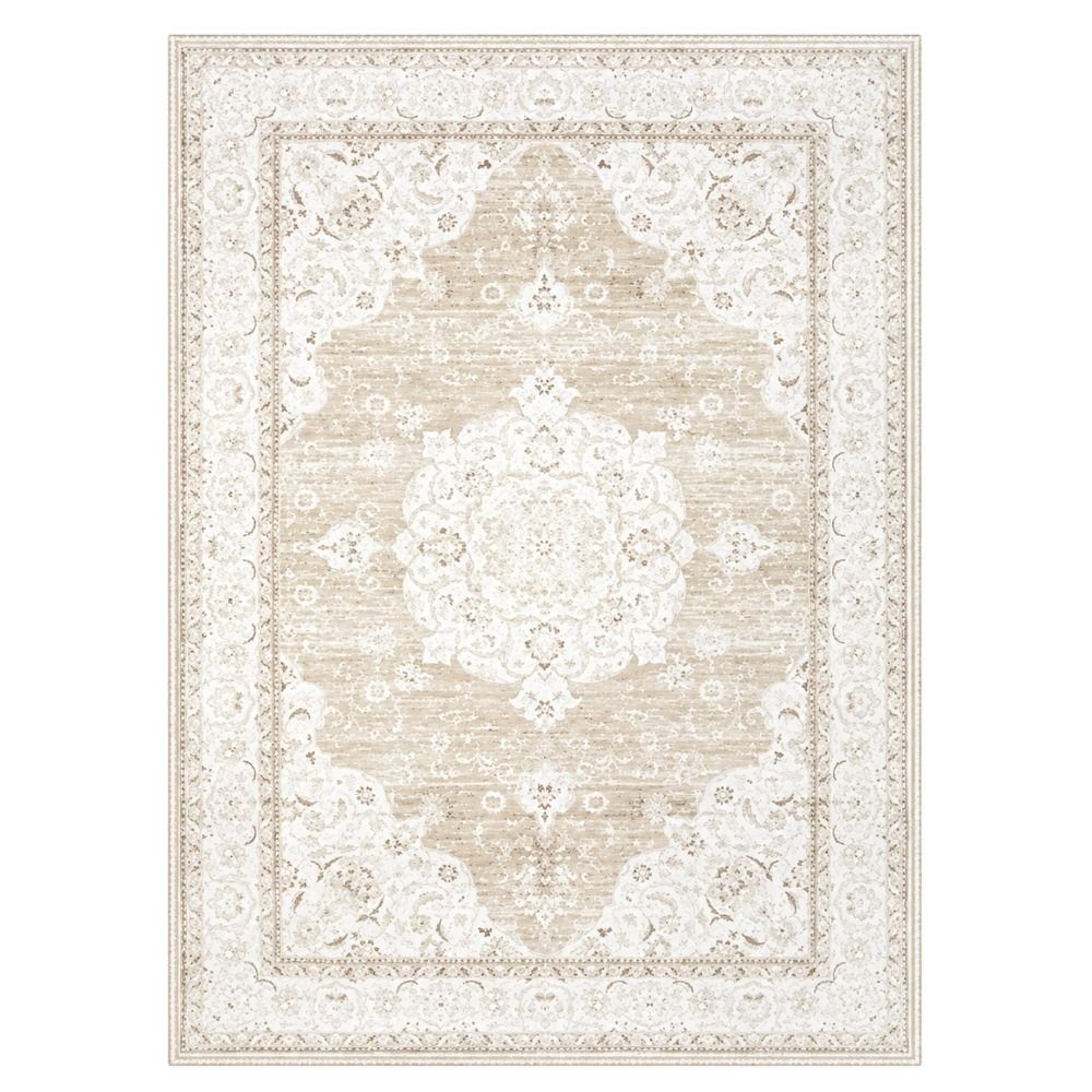 Beige vintage-pattern area rug with a distressed Moroccan-style design, 8 by 10 feet.