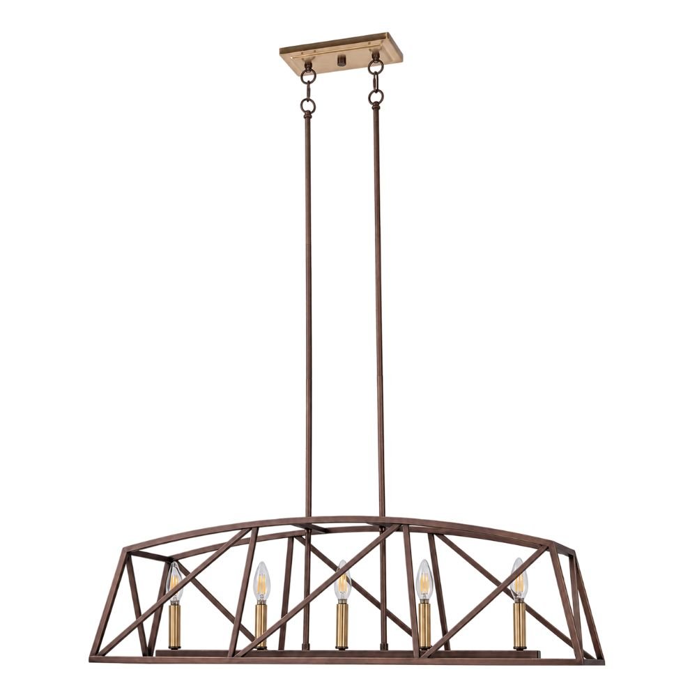 Five-light linear pendant fixture in architectural bronze and matte brass.