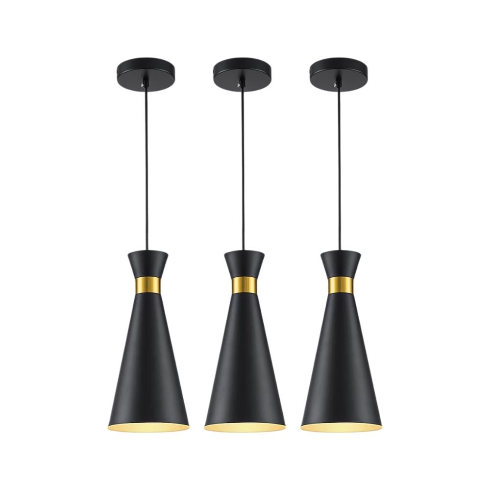 Three matching black and gold cone-shaped pendant lights with adjustable cords.
