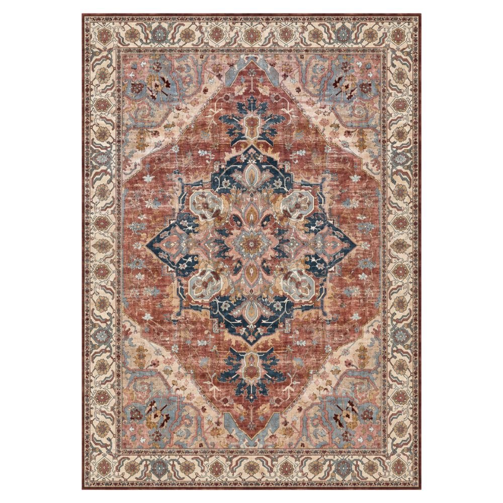 Brickred and multi-tone boho area rug in a vintage pattern, 6 by 9 feet.