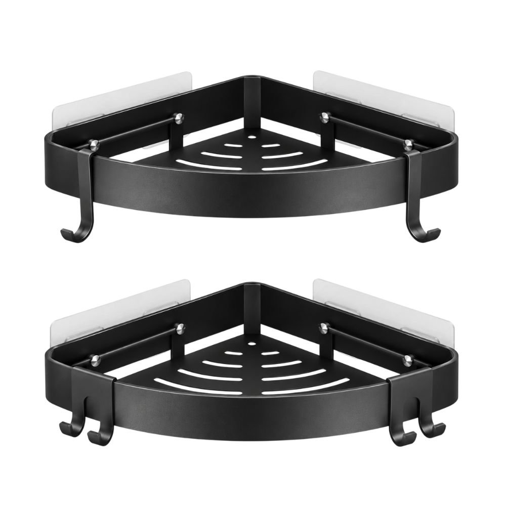 DUFU adhesive corner shower caddy with hooks, black, no-drill mount, 2 pack