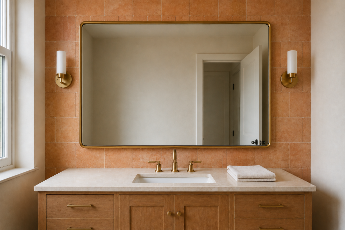 A bathroom mirror correctly sized to about three-quarters of the vanity's width
