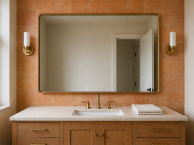 A bathroom mirror correctly sized to about three-quarters of the vanity's width