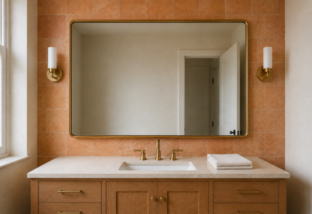 A bathroom mirror correctly sized to about three-quarters of the vanity's width