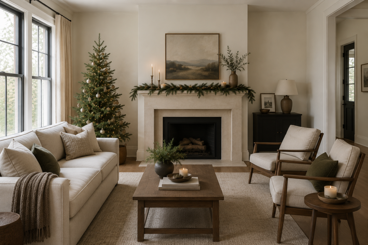 A living room with restrained Christmas decorating, a small tree and a simply styled mantel