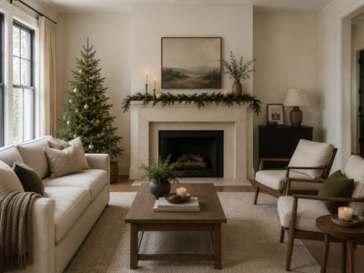 A living room with restrained Christmas decorating, a small tree and a simply styled mantel