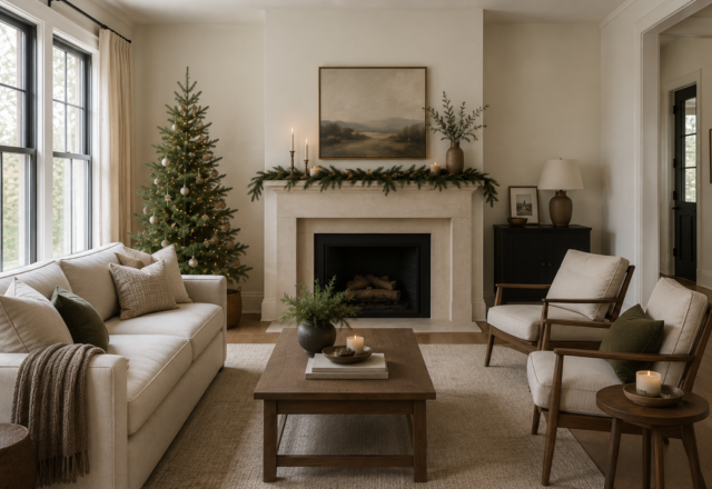 A living room with restrained Christmas decorating, a small tree and a simply styled mantel