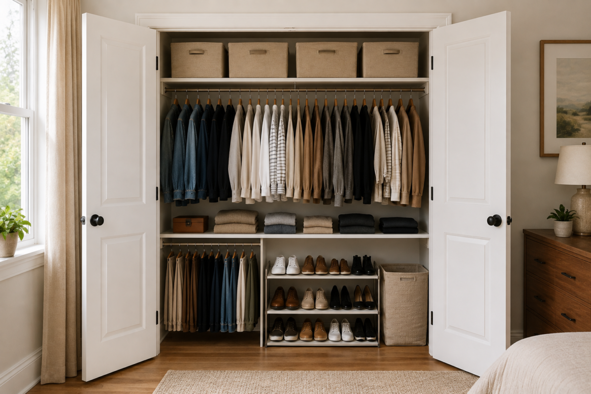 A small closet organized using its full height, from a top shelf to floor storage