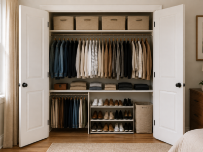 A small closet organized using its full height, from a top shelf to floor storage