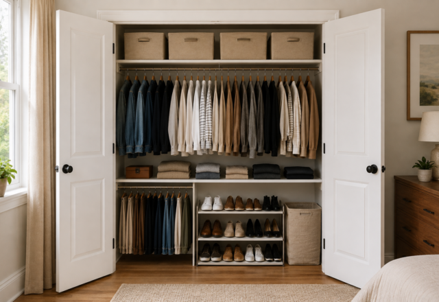 A small closet organized using its full height, from a top shelf to floor storage