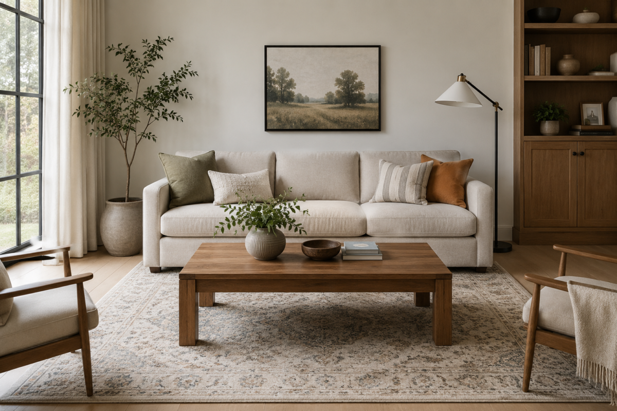 A coffee table sized to roughly two-thirds the length of the sofa behind it