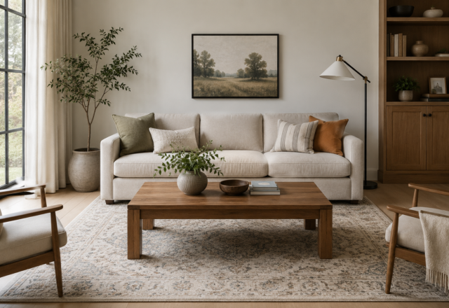 A coffee table sized to roughly two-thirds the length of the sofa behind it