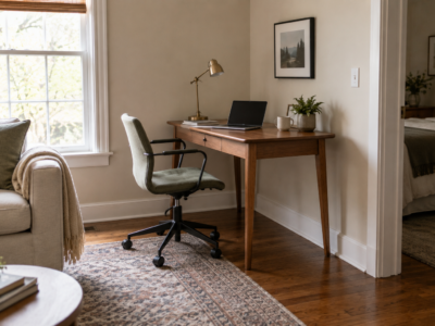 A desk set up in a room corner with visible clearance for the chair to pull out