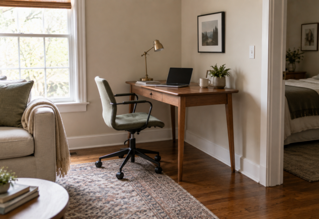 A desk set up in a room corner with visible clearance for the chair to pull out