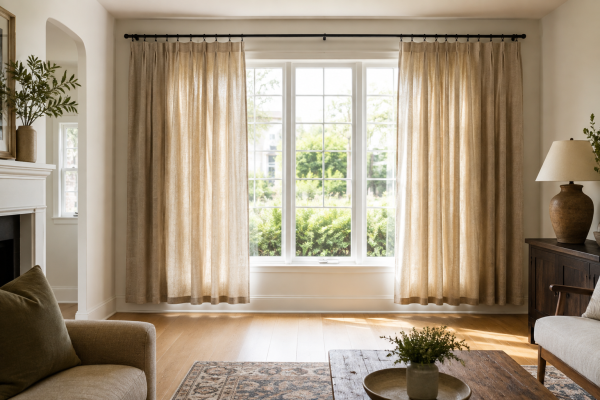 Living room curtains floating just above the floor in a clean, practical length