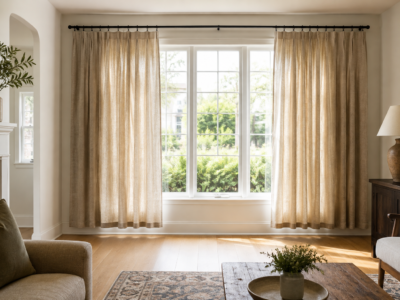 Living room curtains floating just above the floor in a clean, practical length