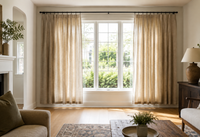 Living room curtains floating just above the floor in a clean, practical length