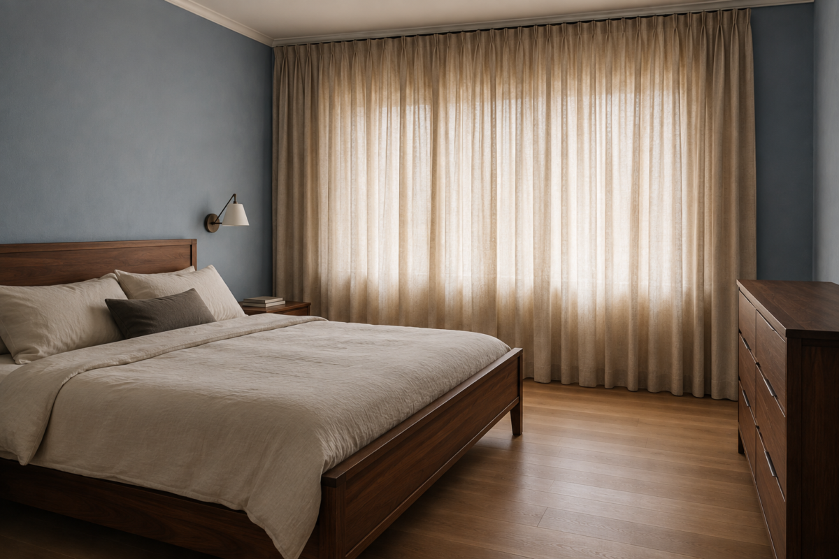 A bedroom styled with floor-to-ceiling linen curtains for privacy and softness
