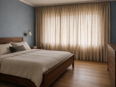 A bedroom styled with floor-to-ceiling linen curtains for privacy and softness