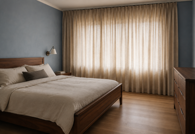 A bedroom styled with floor-to-ceiling linen curtains for privacy and softness