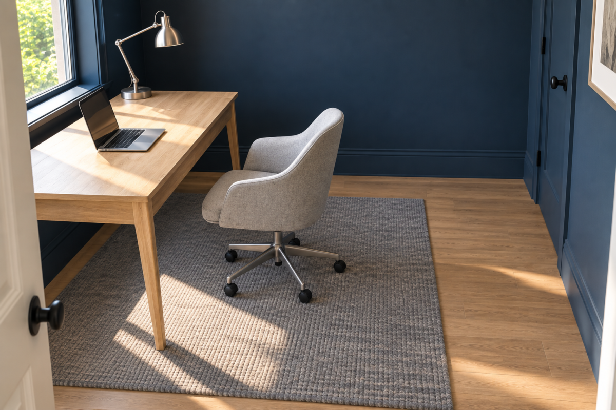 A home office desk against a navy wall, with the chair pulled back and clear floor space behind it.