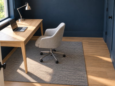A home office desk against a navy wall, with the chair pulled back and clear floor space behind it.