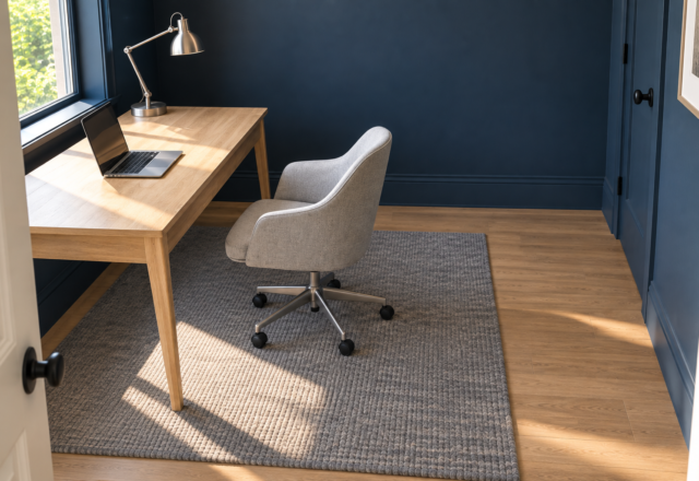 A home office desk against a navy wall, with the chair pulled back and clear floor space behind it.