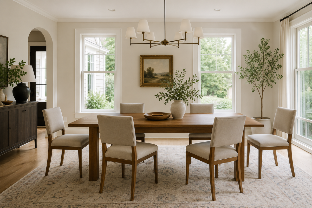 A rectangular dining table with chairs spaced comfortably apart on each side