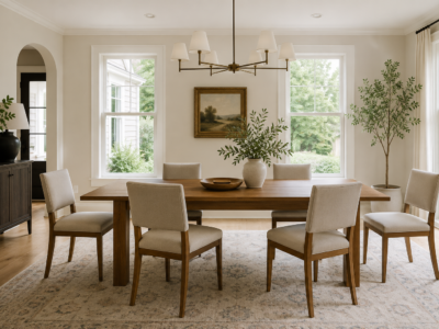 A rectangular dining table with chairs spaced comfortably apart on each side