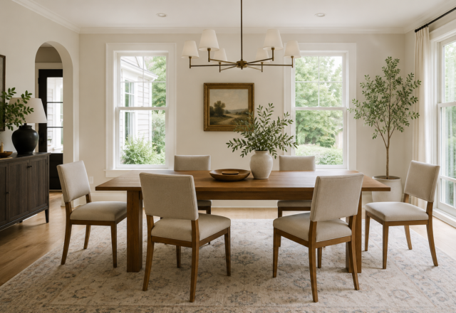 A rectangular dining table with chairs spaced comfortably apart on each side