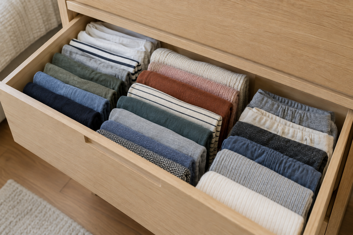 An open dresser drawer with clothing file-folded upright in visible rows.