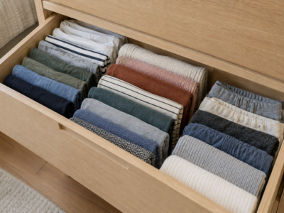 An open dresser drawer with clothing file-folded upright in visible rows.
