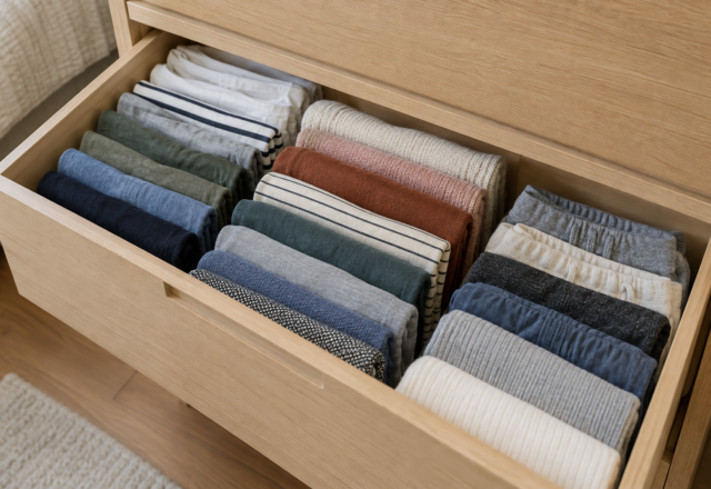 An open dresser drawer with clothing file-folded upright in visible rows.